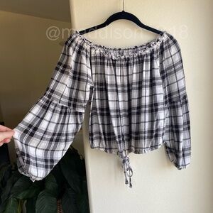 HOLLISTER Plaid Balloon Sleeve Crop Festival Top Medium